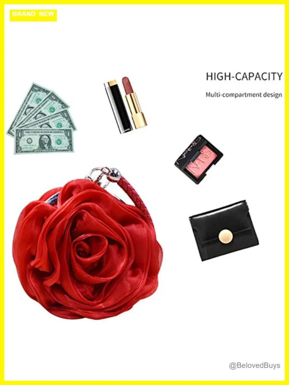 Women's Rose Shaped Clutch Satin Wristlet Handbag Wedding Party Purse
